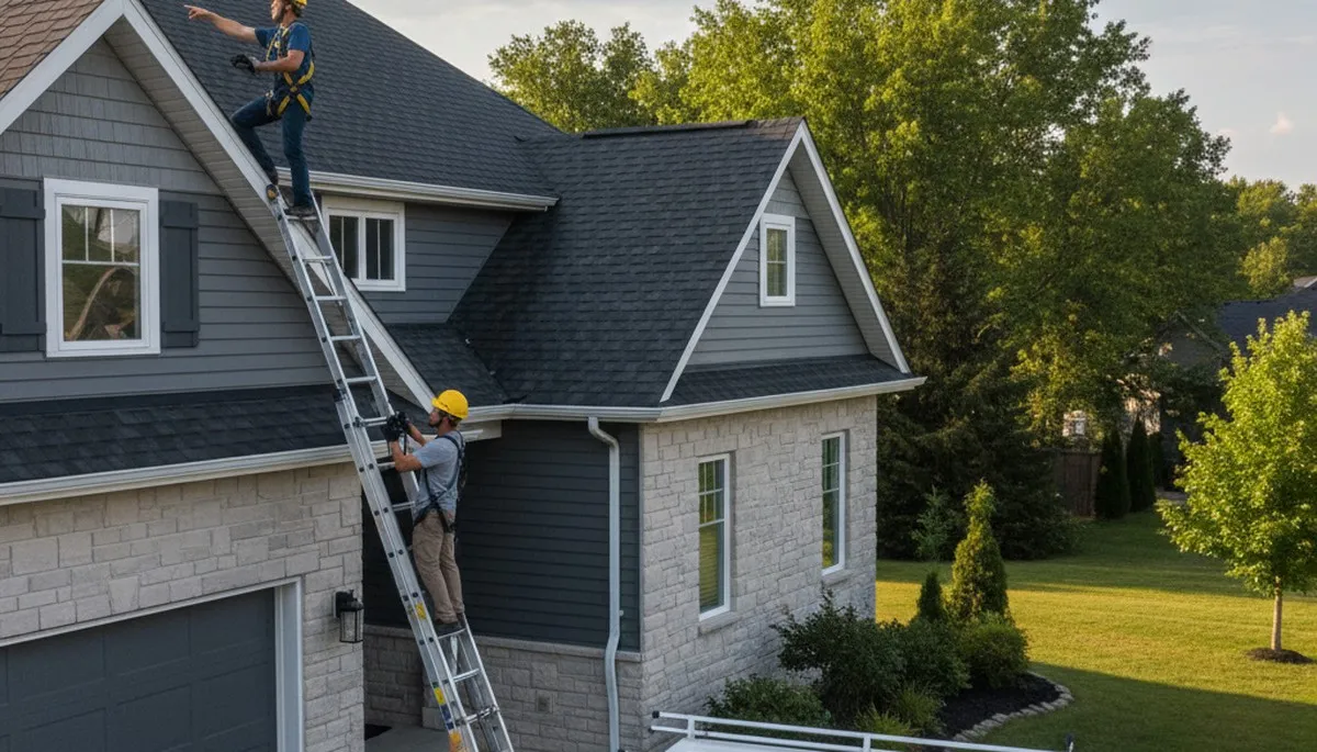 Roof inspection expert assessing vinyl siding and shingles on Tampa FL home exterior