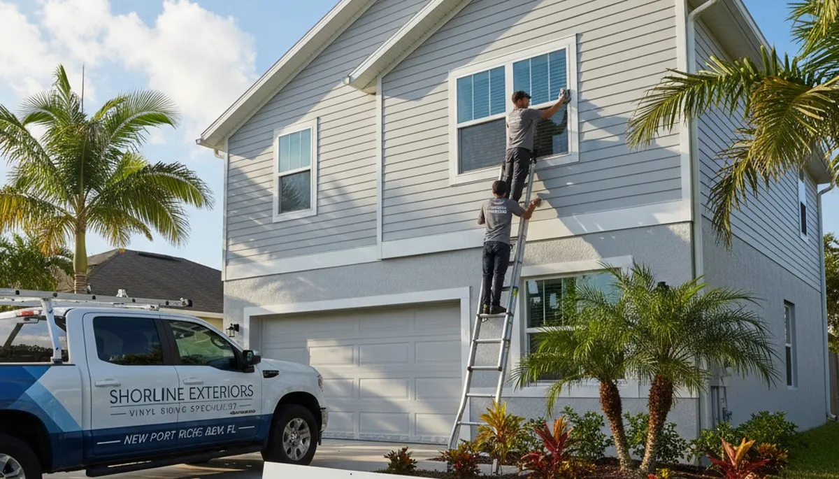 Vinyl siding installation on residential home exterior in Tampa FL by local siding contractors